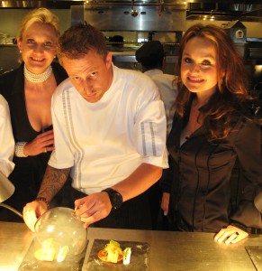 Sophie Gayot Giada di Laurentiis Chef Michael Voltaggio smoking salmon wiht TV star chaf Giada di laurentiis and Sophie Gayot