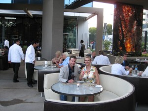 Partner-owner Lee Maen on the patio of new BOA Steakhouse on Sunset with Sophie Gayot