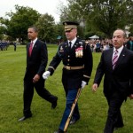 President Obama and President Calderon with the Commander of Troops on the South Lawn of the White House