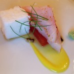 Pacific yellowtail, sashimi style with soy-watermelon, sea sponge and smoked egg yolk