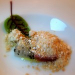 Dragonfruit infused with Champagne vinegar, powdered foie gras and blue fin tuna