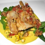 Maryland soft shell crab with grilled sweet corn and bacon tomato vinaigrette