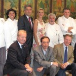 Sophie Gayot with from left: Davide Giova, pastry chef at Valentino; Giampiero Ceppaglia, chef at Caffe` Roma; Roberto Maggioni, chef at Locanda del Lago; Salvatore Marino, owner/chef at Il Grano; Nicola Faganello, Consul General; Celestino Drago, owner/chef at Drago; Angelo Zarbo, chef at Il Moro; Brandon Weaver, chef at Peninsula Hotel Beverly Hills; Carlo Angelo Bocchi, Trade Commissioner, Italian Trade Commission; Elio de Santo, owner/chef at Il Moro. From left, below: West Hooker-Poletti, owner Locanda del Lago; Emilio Marchione, manager at Caffè Roma; Piero Selvaggio, owner, Valentino; Giuseppe Mollica, special events director at Valentino