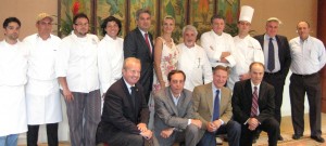 Sophie Gayot with from left: Davide Giova, pastry chef at Valentino; Giampiero Ceppaglia, chef at Caffè Roma; Roberto Maggioni, chef at Locanda del Lago; Salvatore Marino, owner/chef at Il Grano; Nicola Faganello, Consul General; Celestino Drago, owner/chef at Drago;  Angelo Zarbo, chef at Il Moro; Brandon Weaver, chef at Peninsula Hotel Beverly Hills; Carlo Angelo Bocchi, Trade Commissioner, Italian Trade Commission; Elio de Santo, owner/chef at Il Moro. From left, below: West Hooker-Poletti, owner  Locanda del Lago; Emilio Marchione, manager at Caffè Roma; Piero Selvaggio, owner, Valentino; Giuseppe Mollica, special events director at Valentino