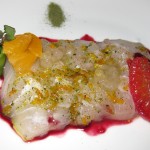 Tai snapper sashimi with green tea and blood orange