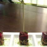 Tuna raspberry skewers with ahi tuna, "molecular" raspberry and wasabi