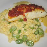 Wild Alaskan halibut with creamy spring corn and fava bean succotash with smoked tomato vinaigrette