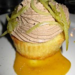 Cheese cupcake with chicken liver mousse, kumquats and cornichon