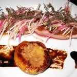 Steamed duck with lemon verbena, crispy skin purée, white peach, radish and balsamic
