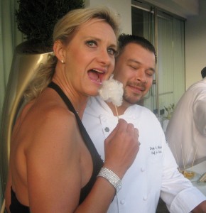 Chef de cuisine Jorge Chicas of The Bazaar with Sophie Gayot eating cotton candy foie gras