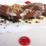 Hazelnut chocolate twist with hazelnut brittle and vanilla crème anglaise