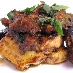 Baked eggplant tofu with Vietnamese herbs, black bean sauce and rice