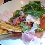 Benton's Ham, burrata, grilled peach and corn salsa