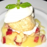 Vanilla panna cotta with red fruit consommé and raspberry sorbet
