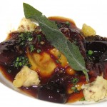 Pork shank ravioli with choucroute, bing cherries and Red Dragon cheese