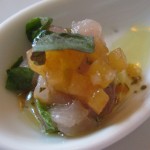 Hamachi ceviche with nectarines and micro shiso