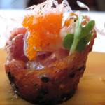 Tuna tartare in sesame cones topped with bonito flakes