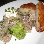 Dashi marinated yellowtail with avocado, hash brown and tonburi