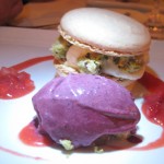 Macaron of mascarpone with pistachio streusel and cassis ice cream