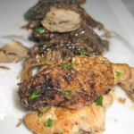 Pan seared sweetbread with summer English pea potage, Washington state morels, pommes de terre au lard truffé