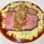Rib-eye with peppers, Romesco sauce and marbled potatoes