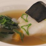 Day boat Blackburn Chatham cod with squid ink spaghetti, autumn greens, romano squash and citrus dashi broth