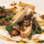 Skinless roasted guinea hen with chestnut milk, domestic caviar and Coleman's Farm spinach leaves