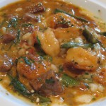 Jumbo gulf shrimp and okra stew with San Marzano tomatoes and spicy pork sausage