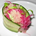 Hamachi tartare with English cucumber, watermelon radish, buddah hand oil and fingerlime