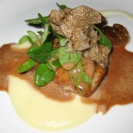 Coffee-spiced John Dory with truffles, parsnip purée, baby spinach, chestnuts and port wine truffle sauce