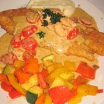 Pan-fried flounder with shrimp herbal brie cream
