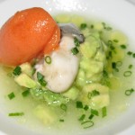 Kumamoto oysters with avocado, tomato consommé and bloody mary sorbet