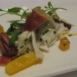 Candied fairytale pumpkin with jumbo lump crab meat, country ham and baby mustards