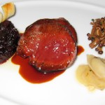 Sautéed venison with salsify, golden enoki mushrooms, braised red cabbage and grande veneur sauce