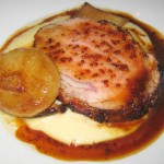 Oven-roasted veal rib-eye with liquid polenta, cipollini, royal trumpet mushrooms and whole grain mustard