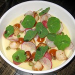 Blue Lantern Bay scallops, braised radishes, beurre blanc, fish sauce, sea buckthorn and nasturtium