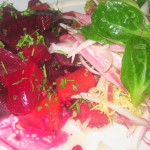Roasted beet salad with goat cheese, pistachios and horseradish cream