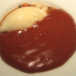 Hot chocolate mousse, pear sorbet and salty hazelnut praline