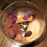 Coconut bavarois with coffee, condensed milk, Thai basil, peanut croquant and chicory