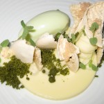 Lime sabayon with cucumber ice cream, cashew macaroons, white chocolate and jasmine