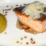 Sautéed Scottish salmon with roasted lady apple, caramelized fennel, cucumber, and citrus fennel salad