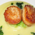 Sautéed Maine scallops with Yukon gold potatoes, diced leeks and smoked potato leek chowder