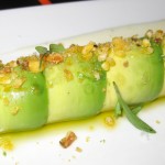 Tuna ceviche and avocado roll, jicama, micro cilantro, coconut dressing