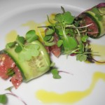 Tuna tartare with blue ginger, mustard seed, mustard oil, cilantro, scallion, plum leaf and plum wine