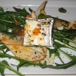 Dandelion greens with pears, Humboldt Fog goat cheese and pistachios and apricot vinaigrette