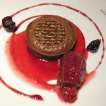 Warm Grand Cru chocolate tart with Amarena sorbet