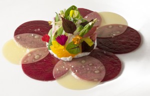 Beet Comte cheese carpaccio by chef Christophe Bellanca of Aureole NY