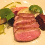 Liberty Farms duck breast, pistachio purée, caramelized fennel, black pepper baked beets, rhubarb, foie gras-stuffed kumquat and duck rillette