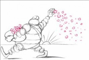 Michelin spreading its stars over Japan (drawing by Jean-Pierre Desclozeaux, as published in the book "Rouge de Honte")
