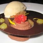 Mousse au chocolat with hazelnut gateau, blood orange and lavender crumble